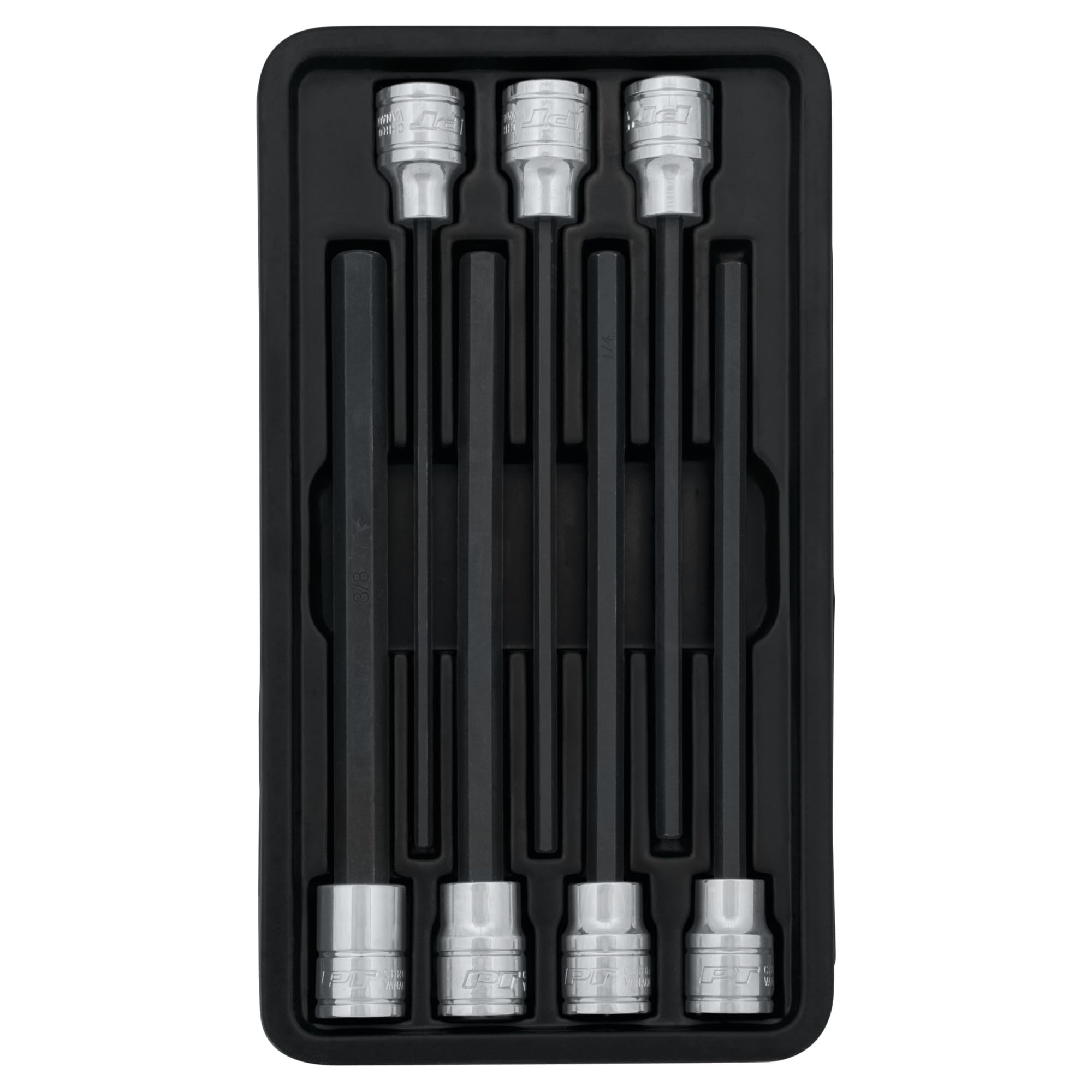 7-Piece Performance Tool W38750 Extended Length SAE Hex Bit Socket Set - Chrome Vanadium Steel Sockets with S2 Bits and Plastic Storage Tray