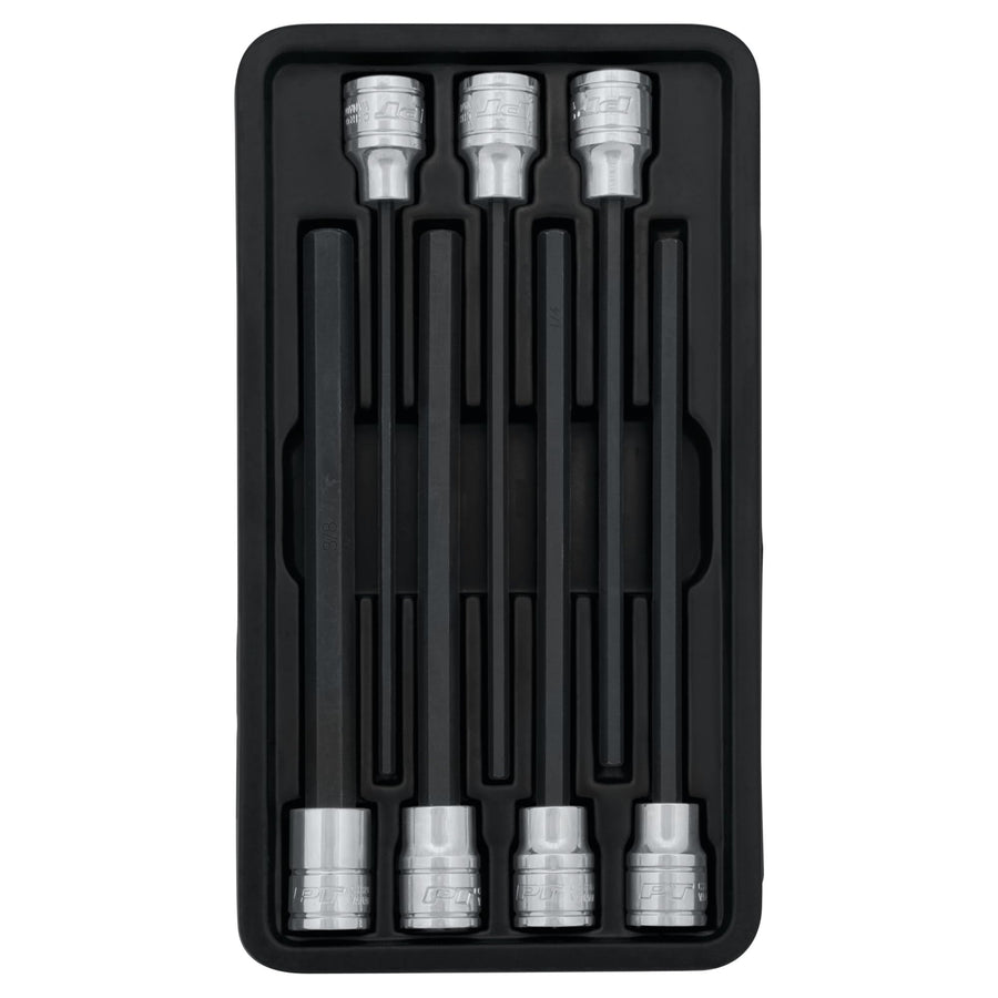 7-Piece Performance Tool W38750 Extended Length SAE Hex Bit Socket Set - Chrome Vanadium Steel Sockets with S2 Bits and Plastic Storage Tray