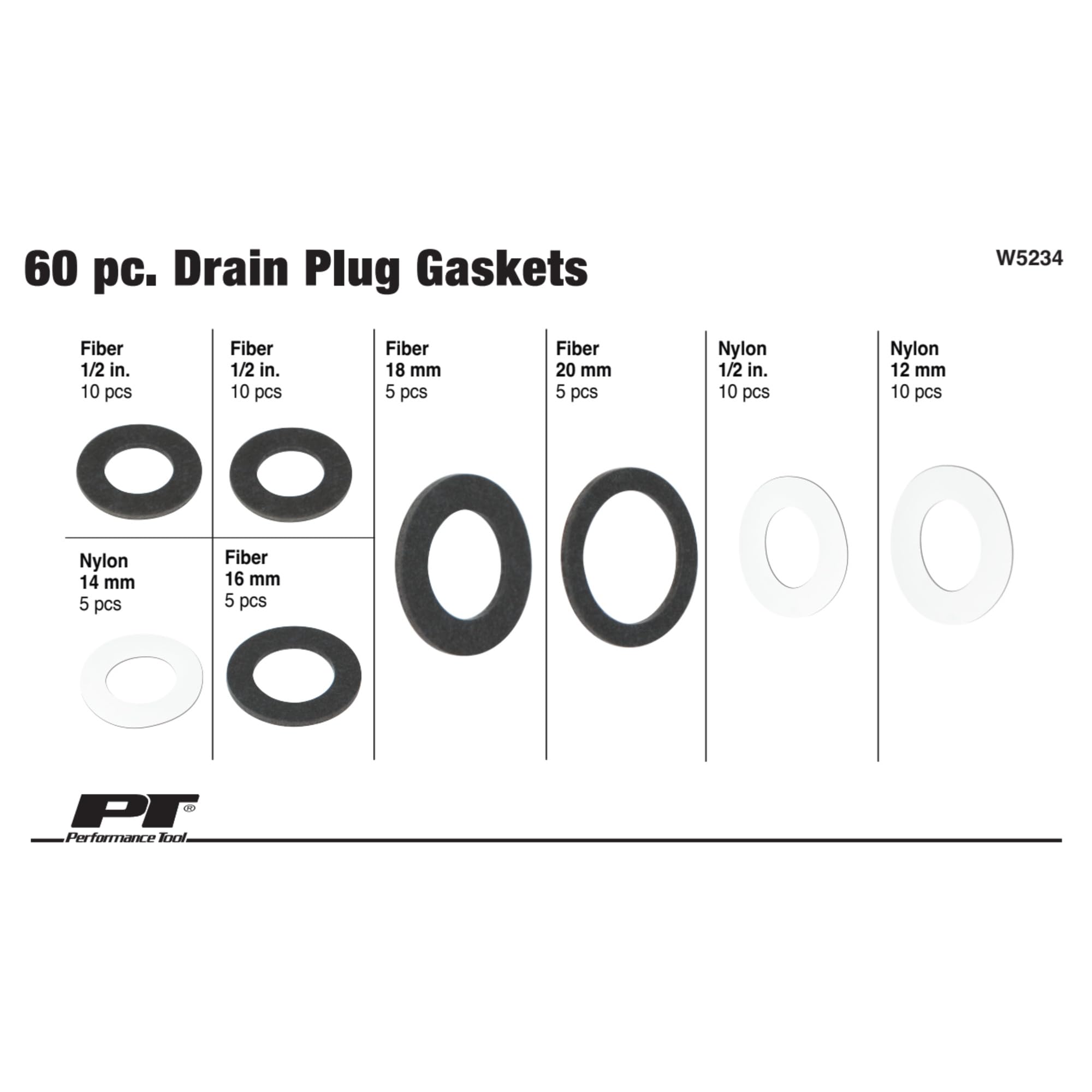 W5234 Performance Tool 60pc General Purpose Oil Drain Plug Gasket Kit - Nylon and Fiber Gaskets Included (1/2in, 12mm, 14mm, 16mm, 18mm, 20mm)