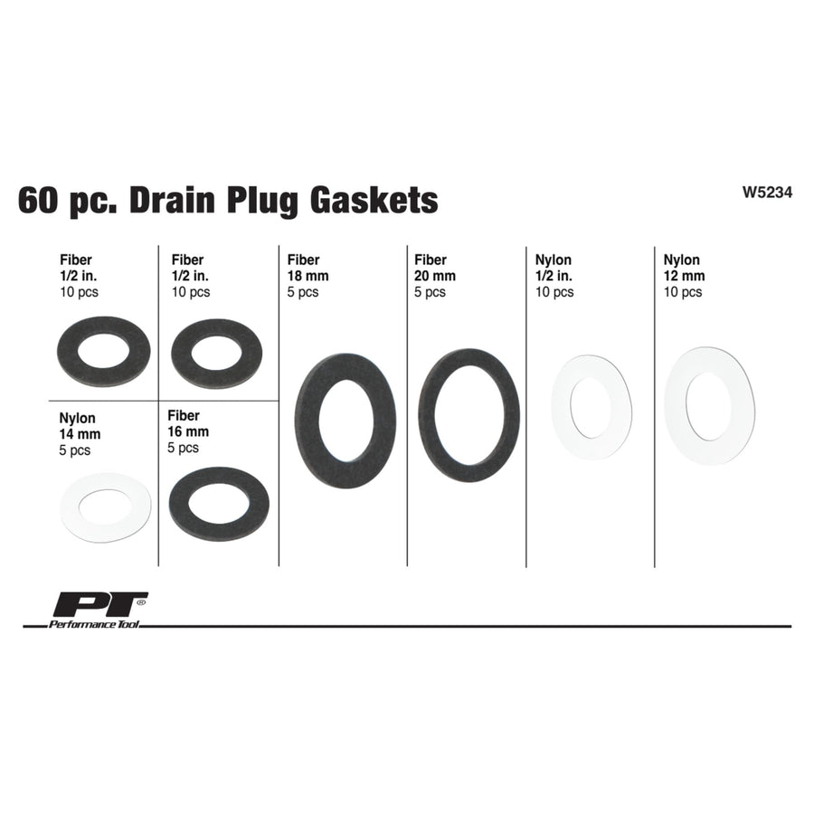 W5234 Performance Tool 60pc General Purpose Oil Drain Plug Gasket Kit - Nylon and Fiber Gaskets Included (1/2in, 12mm, 14mm, 16mm, 18mm, 20mm)