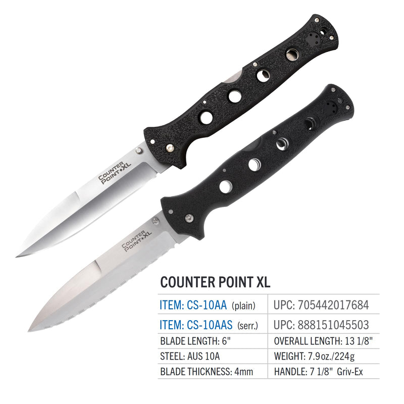 COLD STEEL 6" Counter Point XL AUS10A Serrated Edge Blade 7.125" Griv-Ex Handle Tactical Narrow Blade Folding Knife w/Tri-Ad Lock