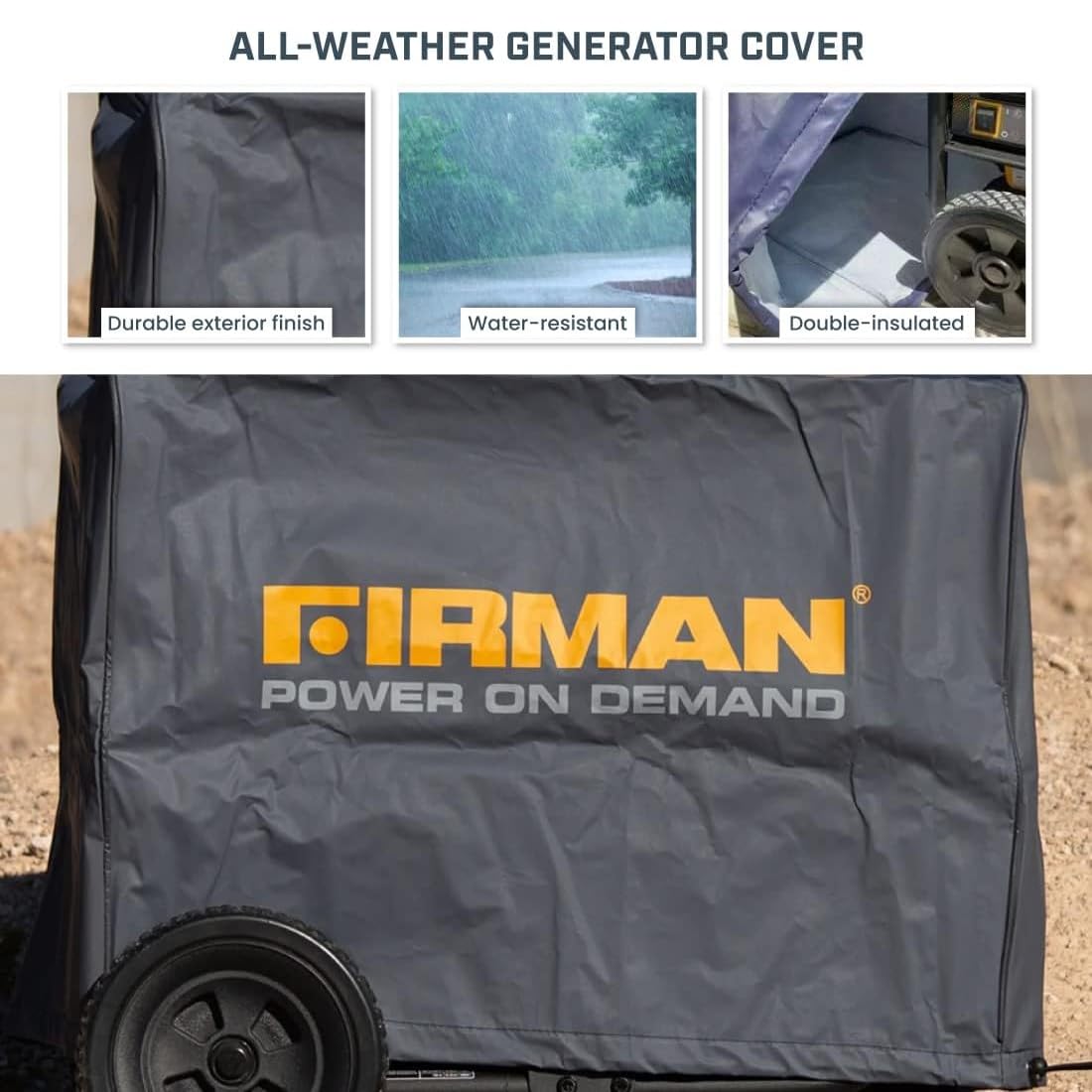 FIRMAN Large Portable Generator Cover 1009, Heavy Duty Waterproof Vinyl, Double Insulated Protection for Generators 5000 Watts and above, with Drawstring Closure and Secure Pull Cord