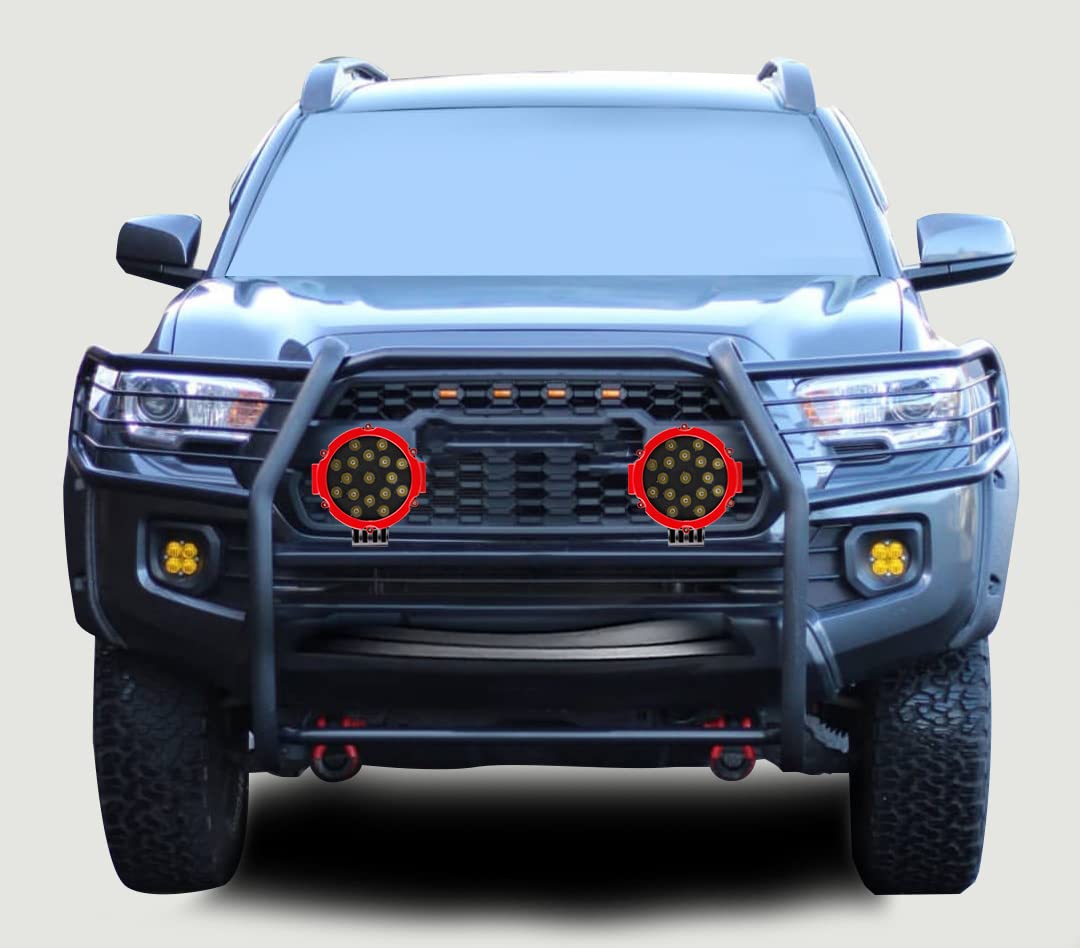 Bumper Guard Black Horse Grille Brush Modular Black Come with Pair of 7.0" Dia.LED Lights with Red Trim Rings Compatible with 2016-2023 Toyota Tacoma-17A096402MA-PLR
