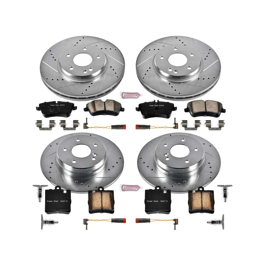 Power Stop K2783 Z23 Carbon Fiber Brake Pads Front and Rear with Drilled & Slotted Brake Rotors Kit and 1 Front & 1 Rear Sensor Wires For C, C240, C280, C320, C350, CLK320, CLK350 [Model Specific]