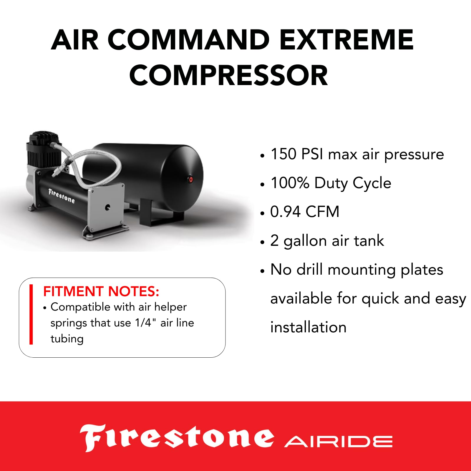 Firestone Air Command Airide 2950 Single Self Leveling Extreme Air Suspension Compressor System | 5-150 PSI | Includes No Drill Mounting Plate | Easy Installation