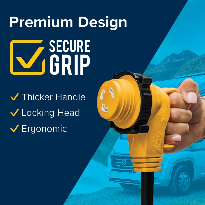 Power Grip Camco 50-Ft 30 Amp RV Extension Cord w/90° Locking End - Rated for 125V / 3,750W - Features Threaded Locking Ring for Weatherproof Connection & 10-Gauge Copper Wire (55525)