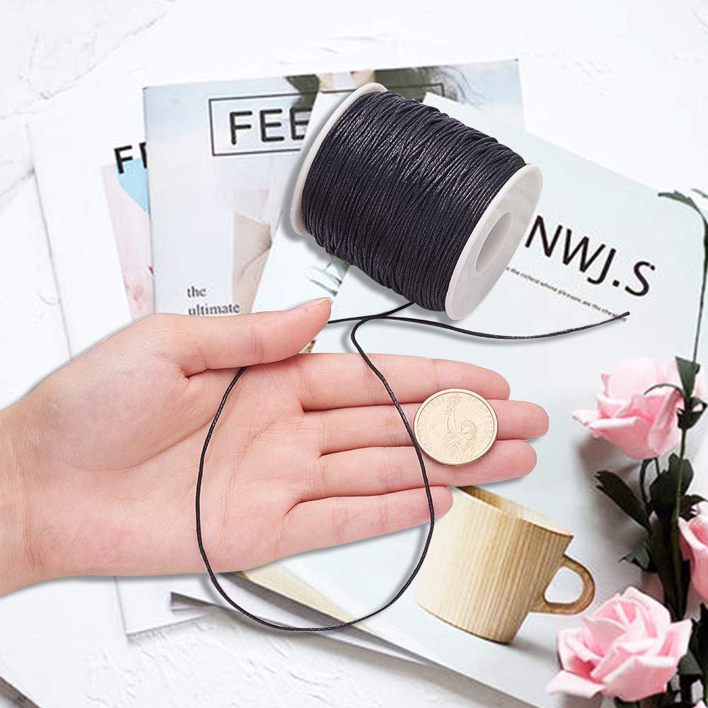 JEWELEADER Round Waxed Cotton Cord About 100 Yards 1mm Macrame Craft DIY Thread Rattail Beading String for Jewelry Making Chinese Knotting Kumihimo Shamballa Friendship Bracelets - Black