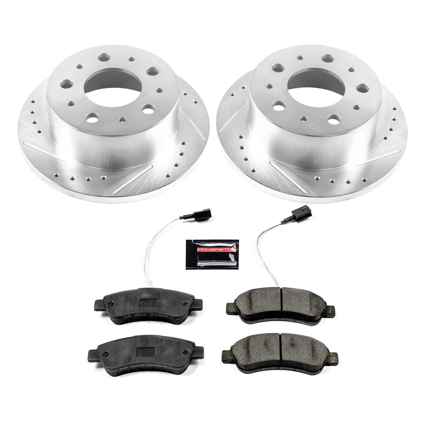 Rear Brake Kit Power Stop For 2014 2015 2016 2017 2018 2019 2020 2021 Ram ProMaster 1500 - Truck & Tow Carbon Fiber Ceramic Brake Pads & Drilled and Slotted Rotors Replacement, K7310-36