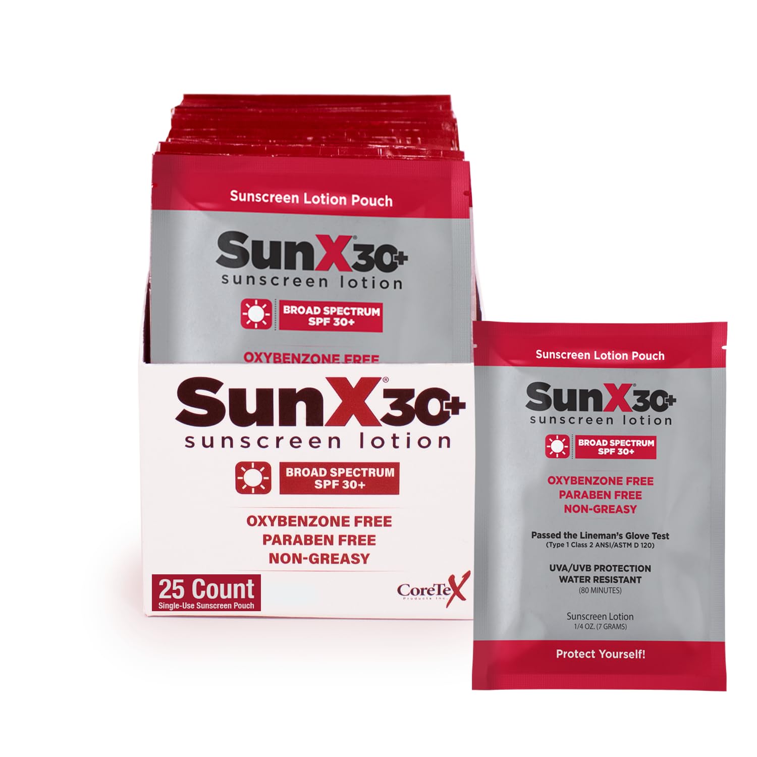 Sun X CoreTex 30+ SPF Individual Sunscreen Packets Travel Size - Pack of 25 Paraben, Oxybenzone, & Oil Free Broad Spectrum Sunscreen - No White Cast and Water Resistant Up to 80 Minutes