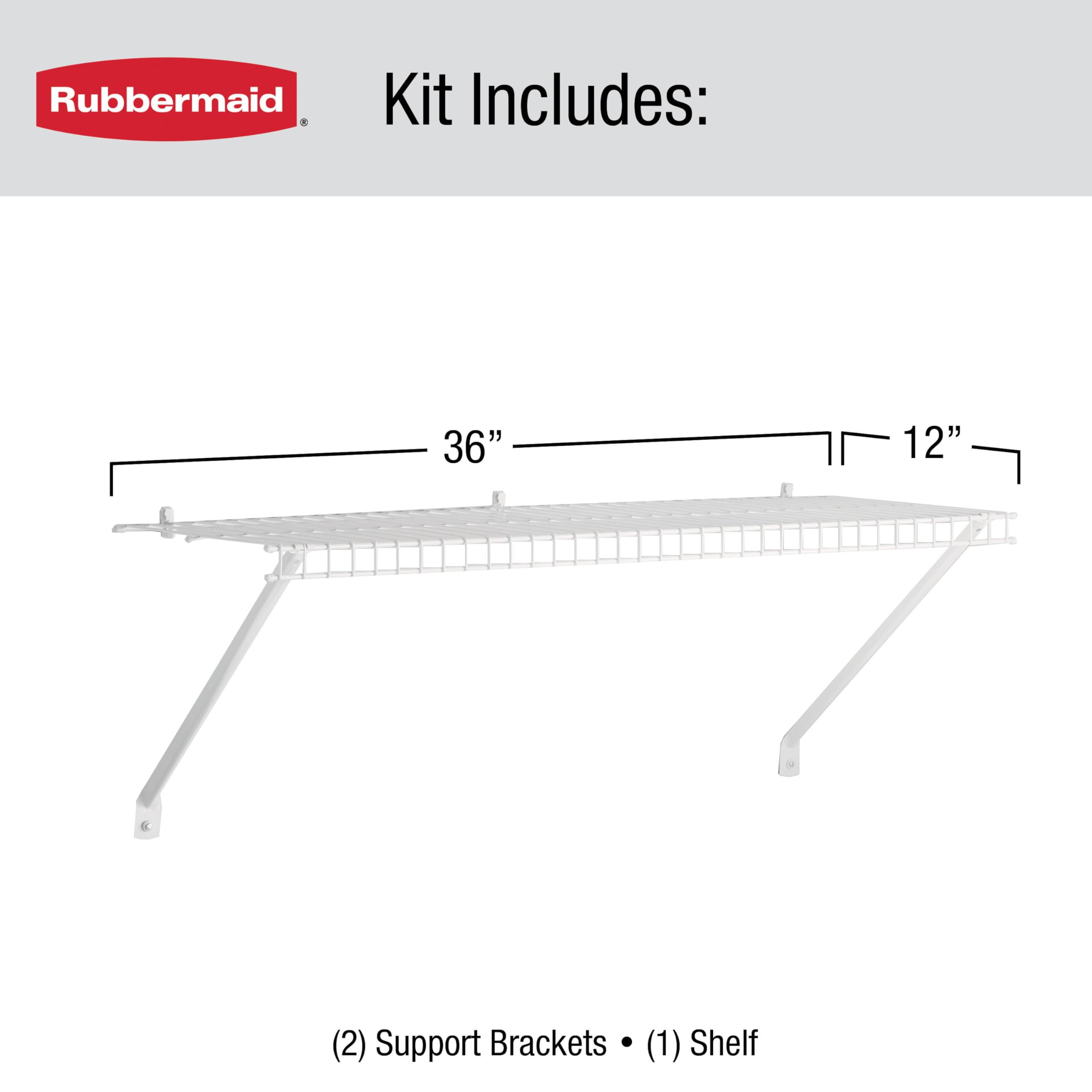 3 Ft. Wide Rubbermaid Direct Wall Shelf, Mounting Hardware Kit Included, White, Wire Shelving Organizer System for Home/Laundry/Bathroom/Mudroom/Pantry/Linen Closet, 3' Length