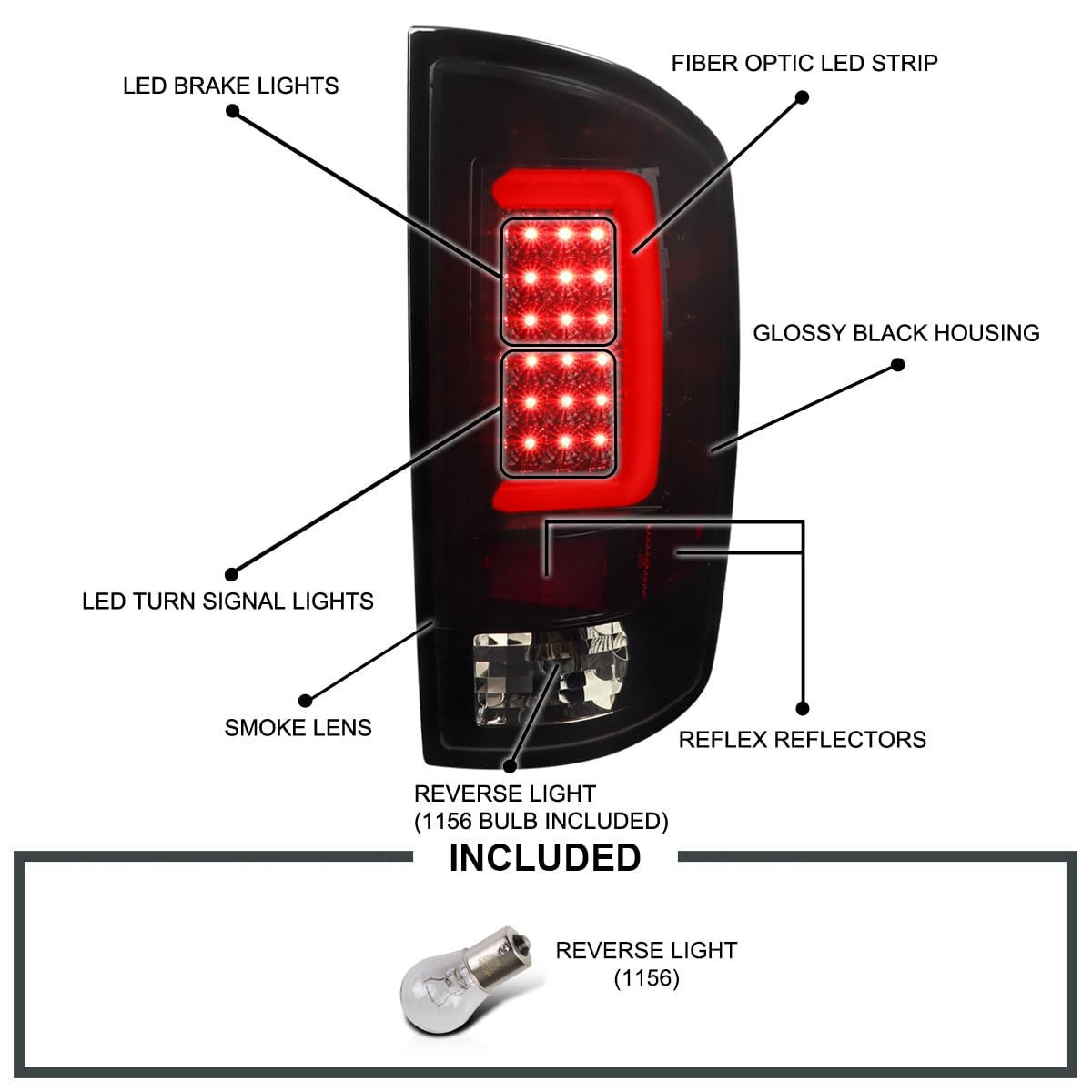 Glossy Black Smoke LED Bar Tail Lights SPEC-D TUNING Compatible with 2002-2006 Dodge Ram 1500/2500/3500, Left + Right Pair Assembly