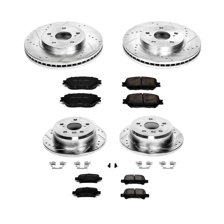 Power Stop K2415 Z23 Carbon Fiber Brake Pads Front and Rear with Drilled & Slotted Brake Rotors Kit For Toyota Camry 2002-2004 [Model Specific]