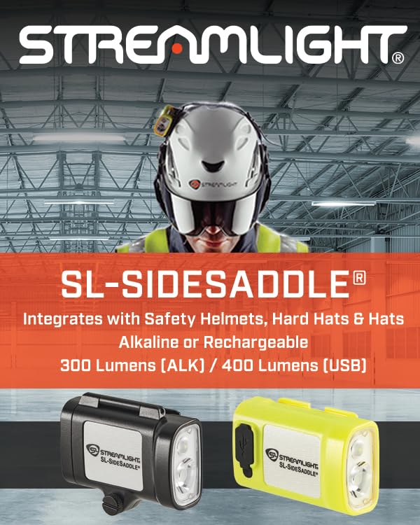 Streamlight 61627 USB Rechargeable SL-Sidesaddle 400-Lumen Hands-Free Hard Hat, Helmet, and Headgear LED Light with Mount, Rechargeable Battery, USB-C Cable, Black