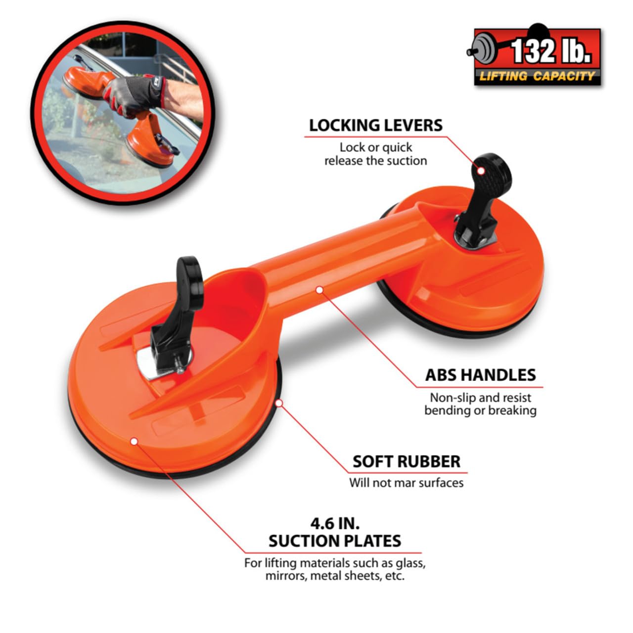 W1005 Performance Tool Dual 4-1/2 Inch Suction Cup Dent Puller, 2-Head Suction Cup, 132 Lbs. Lifting Capacity, Powerful for Lifting, Moving, Pulling, Handling Glass, Mirrors, and Metal Sheets