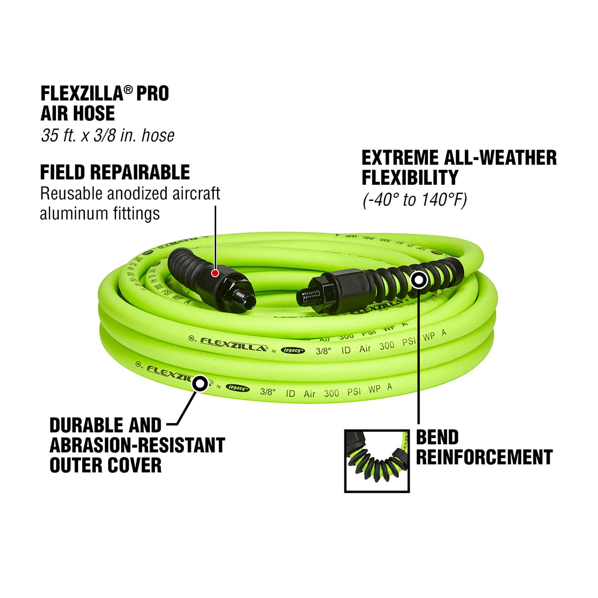 3/8 in. Flexzilla Pro Air Hose, 35 ft., Heavy Duty, Lightweight, Hybrid, ZillaGreen - HFZP3835YW2