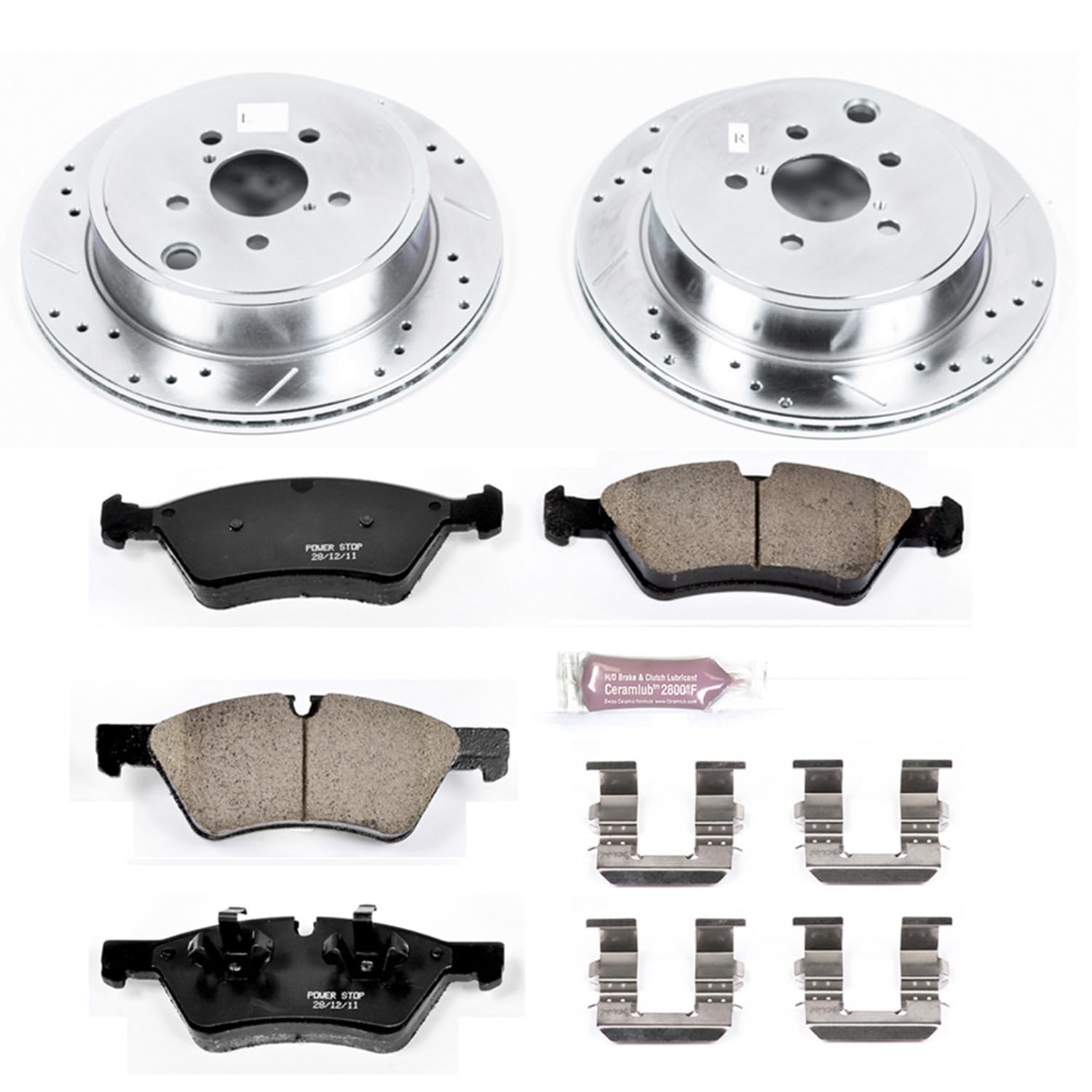 Power Stop K5883 Z23 Carbon Fiber Brake Pads Rear with Drilled & Slotted Brake Rotors Kit For Scion FR-S, BRZ, BRZ, Legacy, Outback, 86, GR86 [Model Specific]