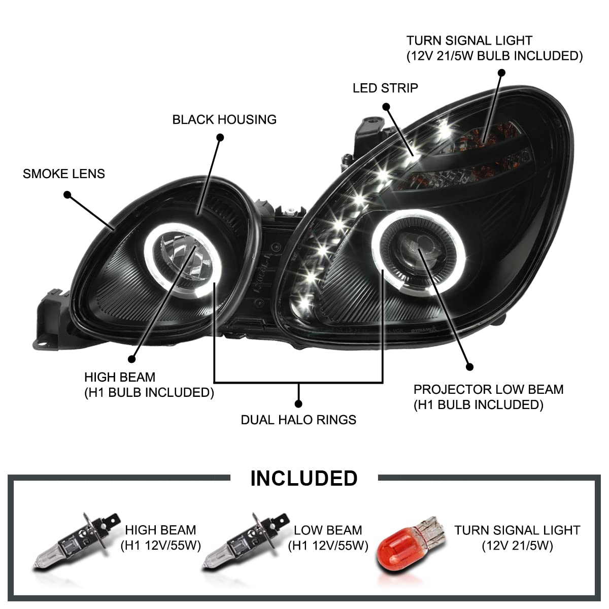 Black Smoke LED Halo Ring Projector Headlights SPEC-D TUNING Compatible with 1998-2005 Lexus GS300 1998-2000 Lexus GS400 2001-2005 Lexus GS430, Left + Right Pair Headlamps Assembly