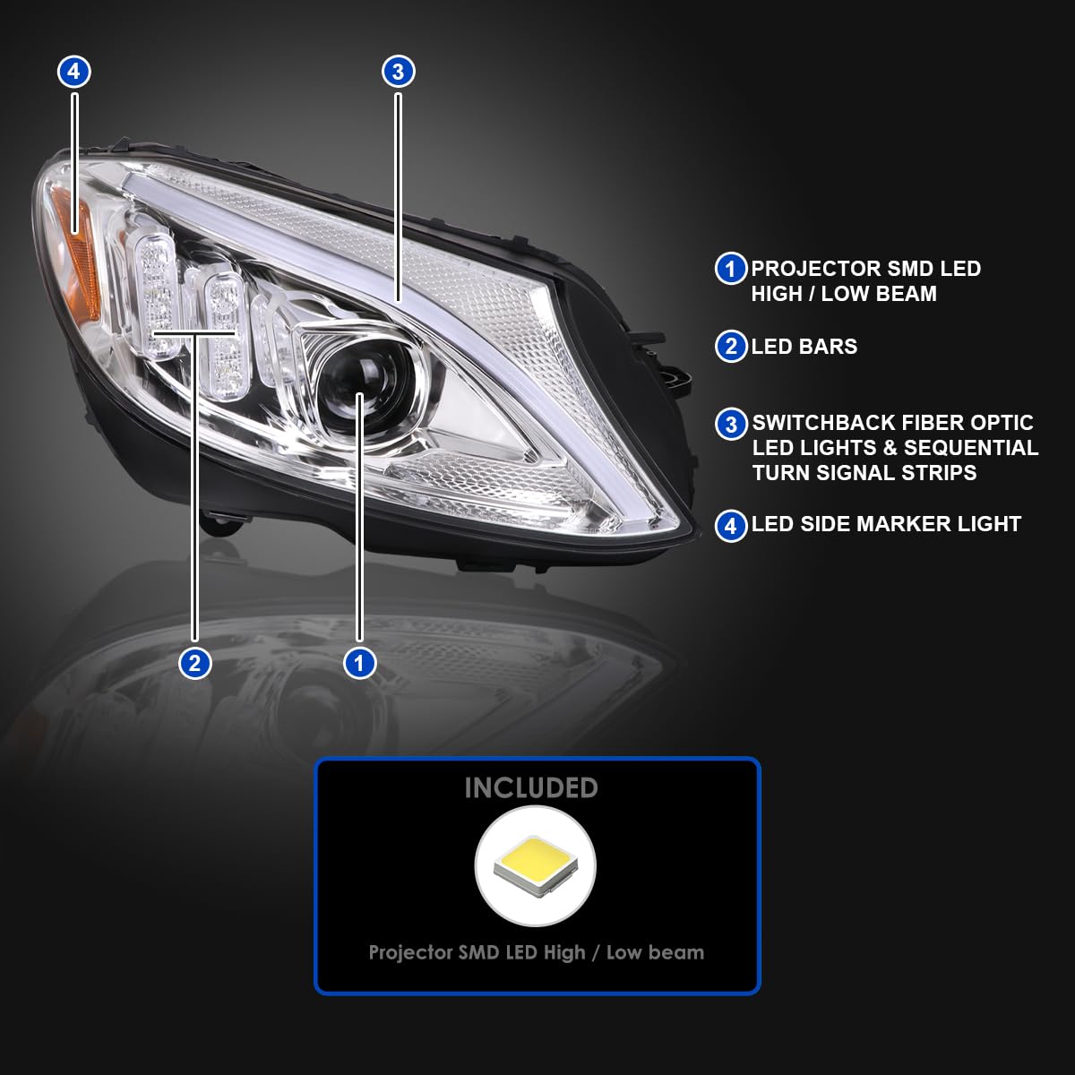 Chrome Sequential Signal Tube Full LED Projector Headlights SPEC-D TUNING Compatible with 2015-2018 Mercedes Benz W205 C-Class Left + Right Pair Headlamps Assembly