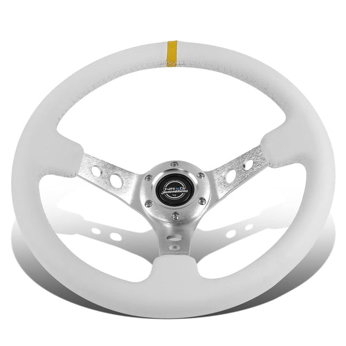 NRG Innovations Reinforced NRG-RST-006WT-Y Steering Wheel 350mm Sport Steering Wheel (3" Deep), Silver Spoke with White Leather Finish and White Stitch