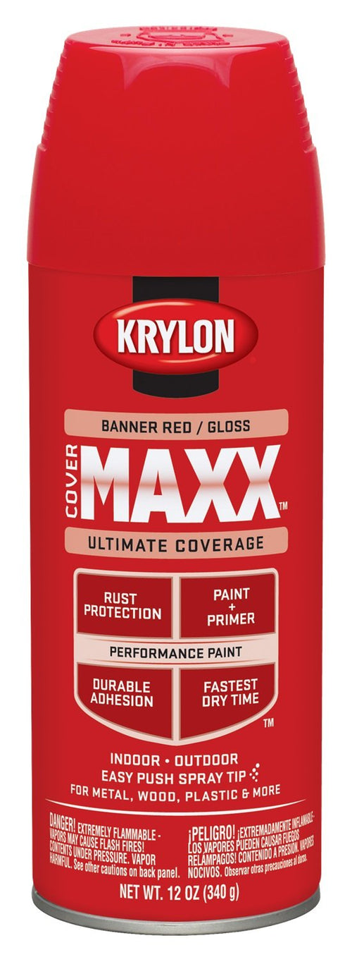 Krylon COVERMAXX K09104000 Spray Paint, Gloss Banner Red, 12 Ounce