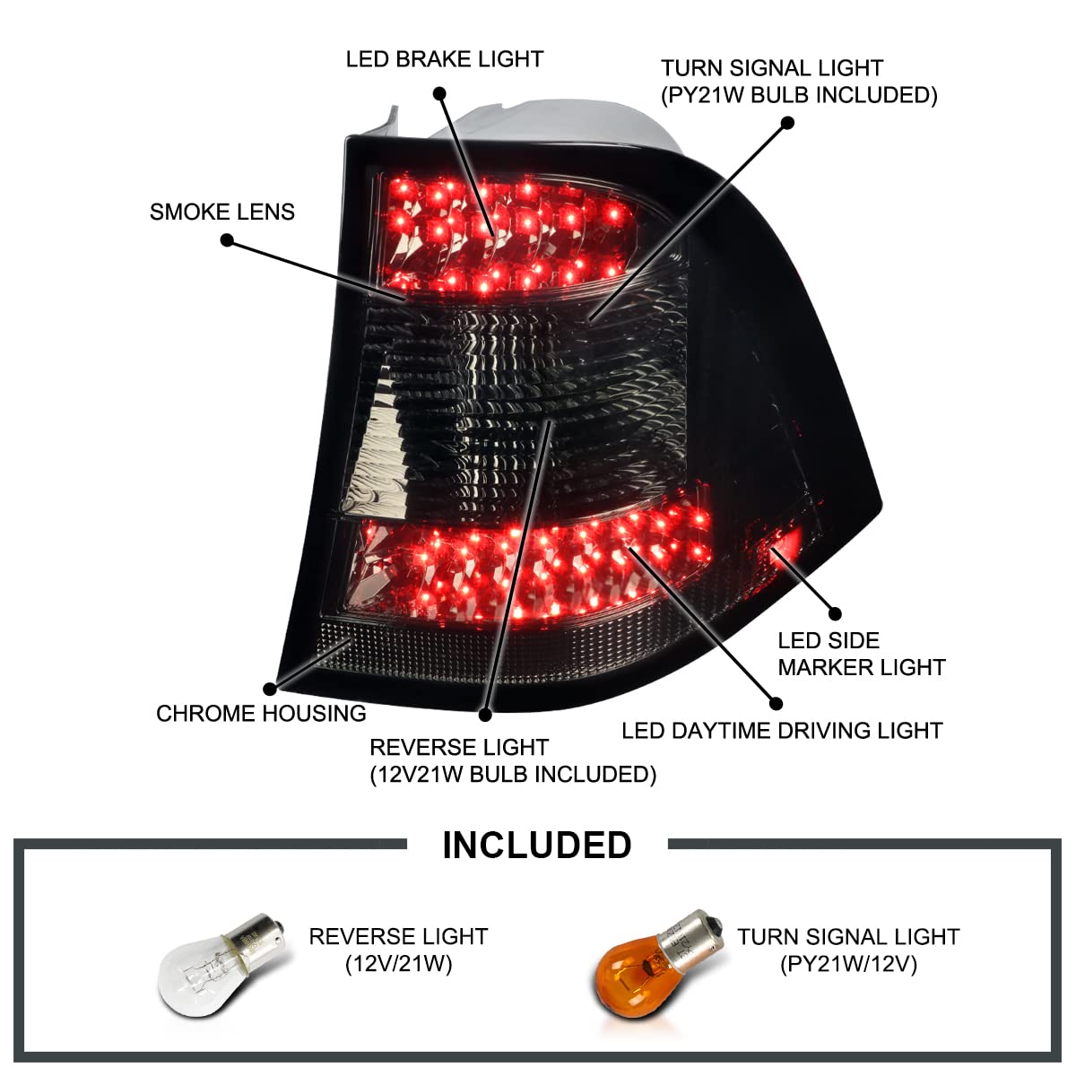 Smoke LED Tail Lights SPEC-D TUNING Compatible with 1998-2005 Mercedes-Benz W163 M-Class, Left + Right Pair Assembly