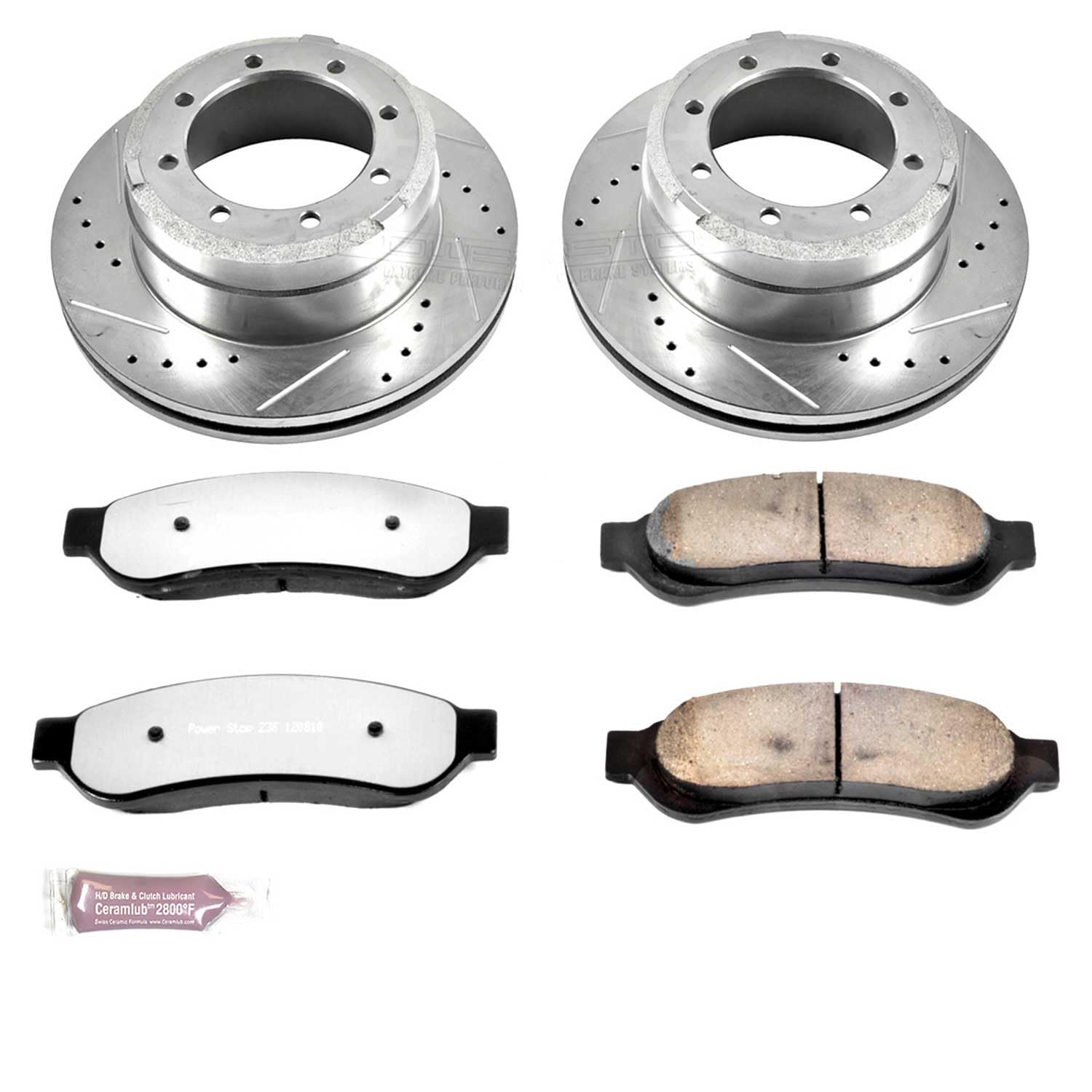 Rear K4593-36 Power Stop Z36 Truck & Tow Brake Kit, Carbon Fiber Ceramic Brake Pads and Drilled/Slotted Brake Rotors For Ford F-350 Super Duty 2005-2010 [Model Specific]
