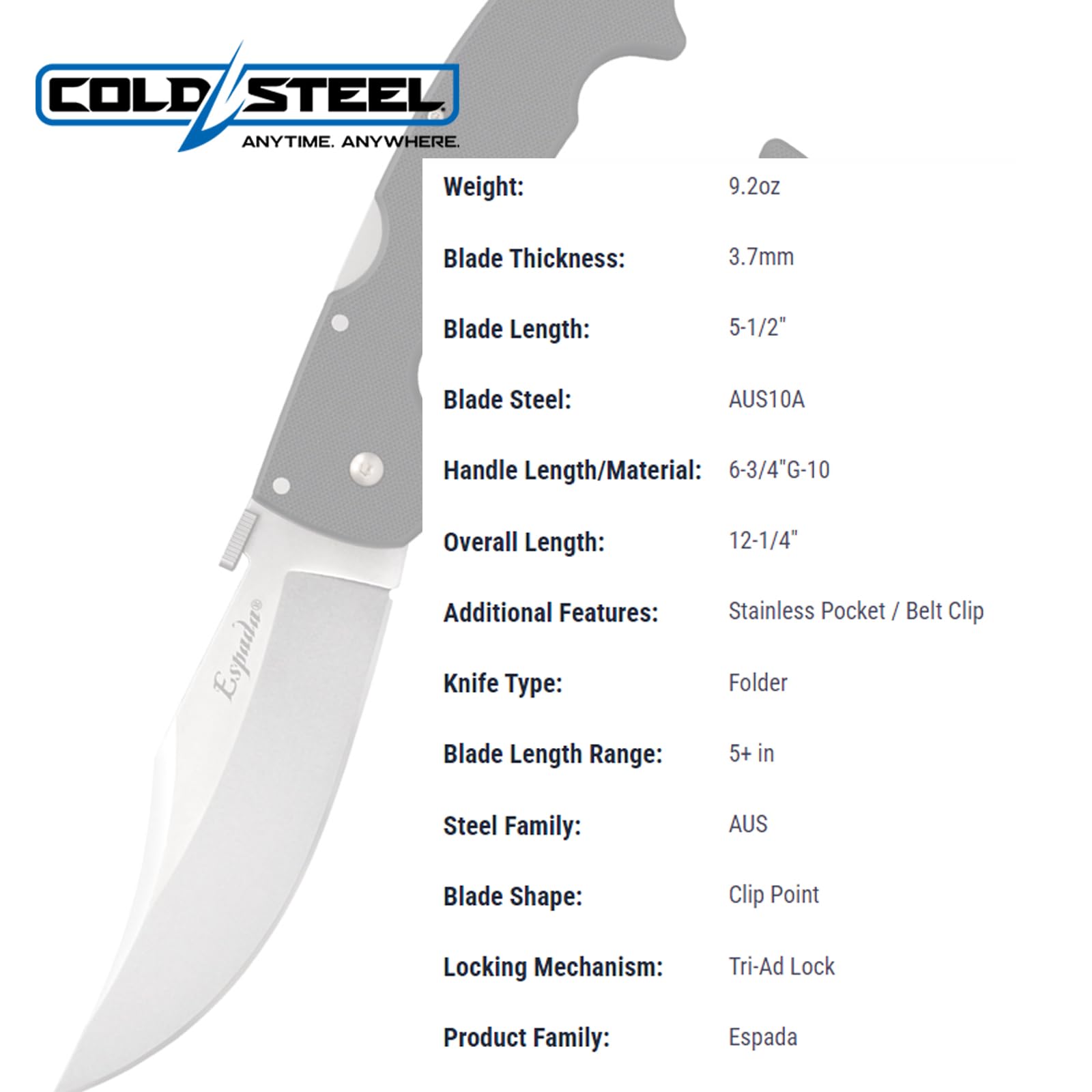 Espada Series Cold Steel Folding Knife with Tri-Ad Lock and Pocket Clip, G-10 Espada Large