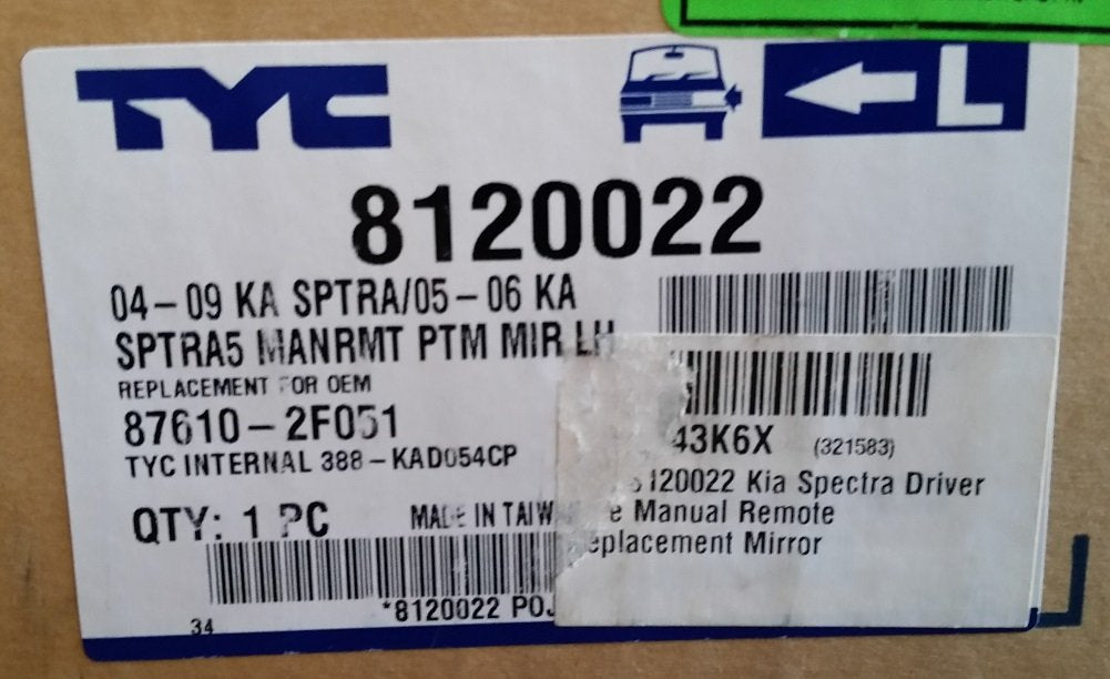 Kia Spectra TYC 8120022 Compatible with Driver Side Manual Remote Replacement Mirror
