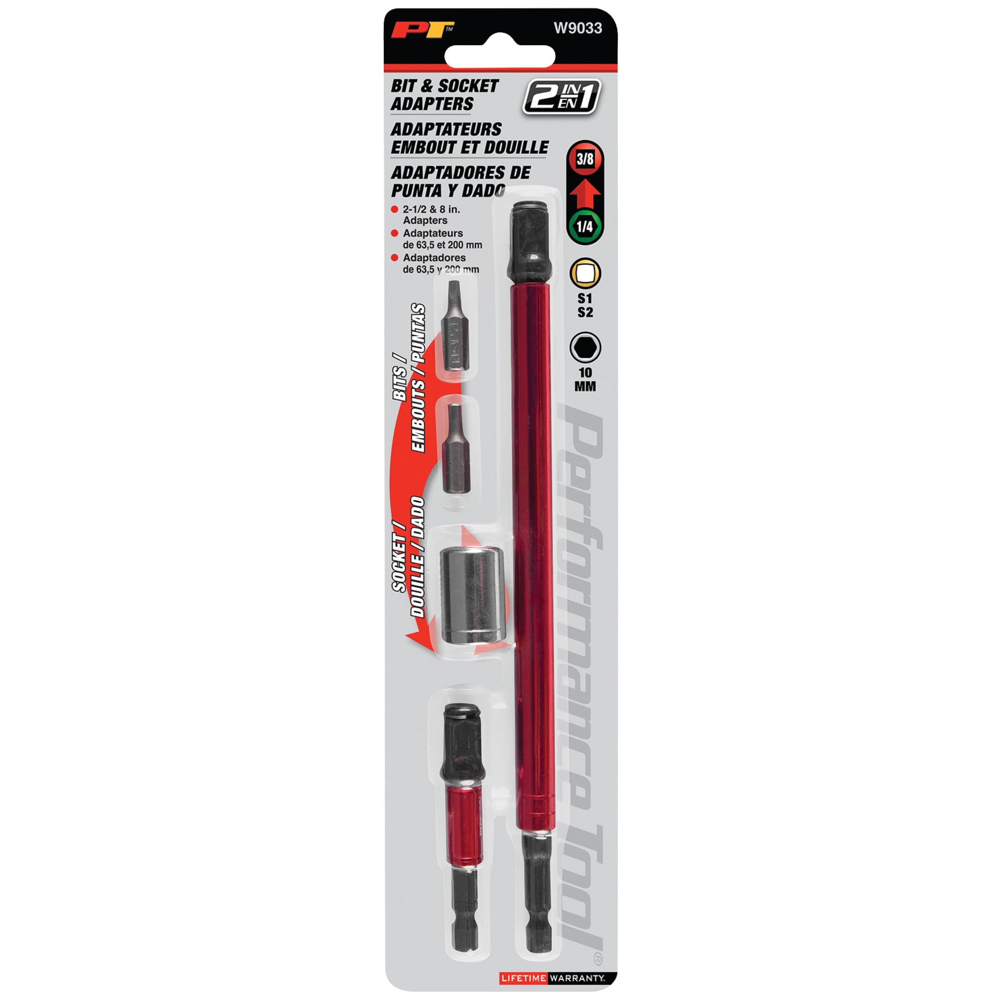 5 pc. Performance Tool W9033 3/8-in Drive Socket Adapter Set, Power Nut/Socket Driver: 8-in and 2.5-in adapters, 10 mm, S1 and S2 1-in and 1/4-in Sockets, Chrome Vanadium Steel, Red/Silver