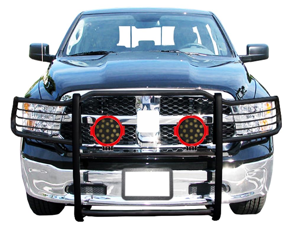 Grille Brush Black Horse Bumper Guard Modular Come with Pair of 7.0" LED Lights with Red Trim Rings Compatible with 2009-2018 Dodge Ram 1500|2019-2023 Ram 1500 Classic-17DG109MA-PLR