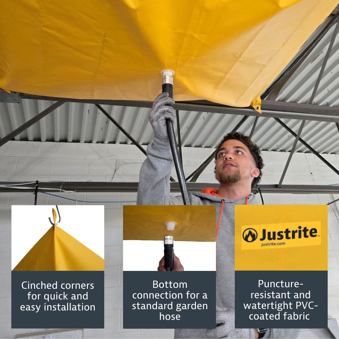 Justrite Leak Diverter Ceiling Tarp with Hose Connection and Corner Grommets, 20' x 20' Puncture-Resistant and Watertight PVC-Coated Fabric, for Temporary Leak Fix, Made in The USA, Yellow, 28318