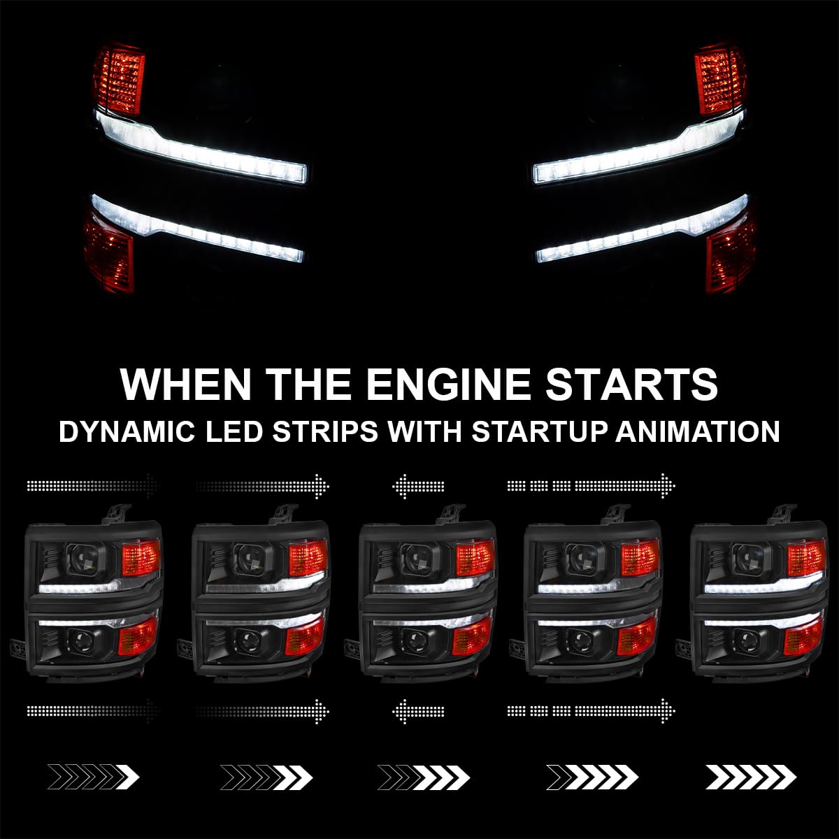 Black w/Black Trim SPEC-D TUNING Projector Headlights w/Sequential Switchback LED Strip and Startup Animation Compatible with 2014-2015 Chevy Silverado 1500, Left + Right Pair Headlamps Assembly