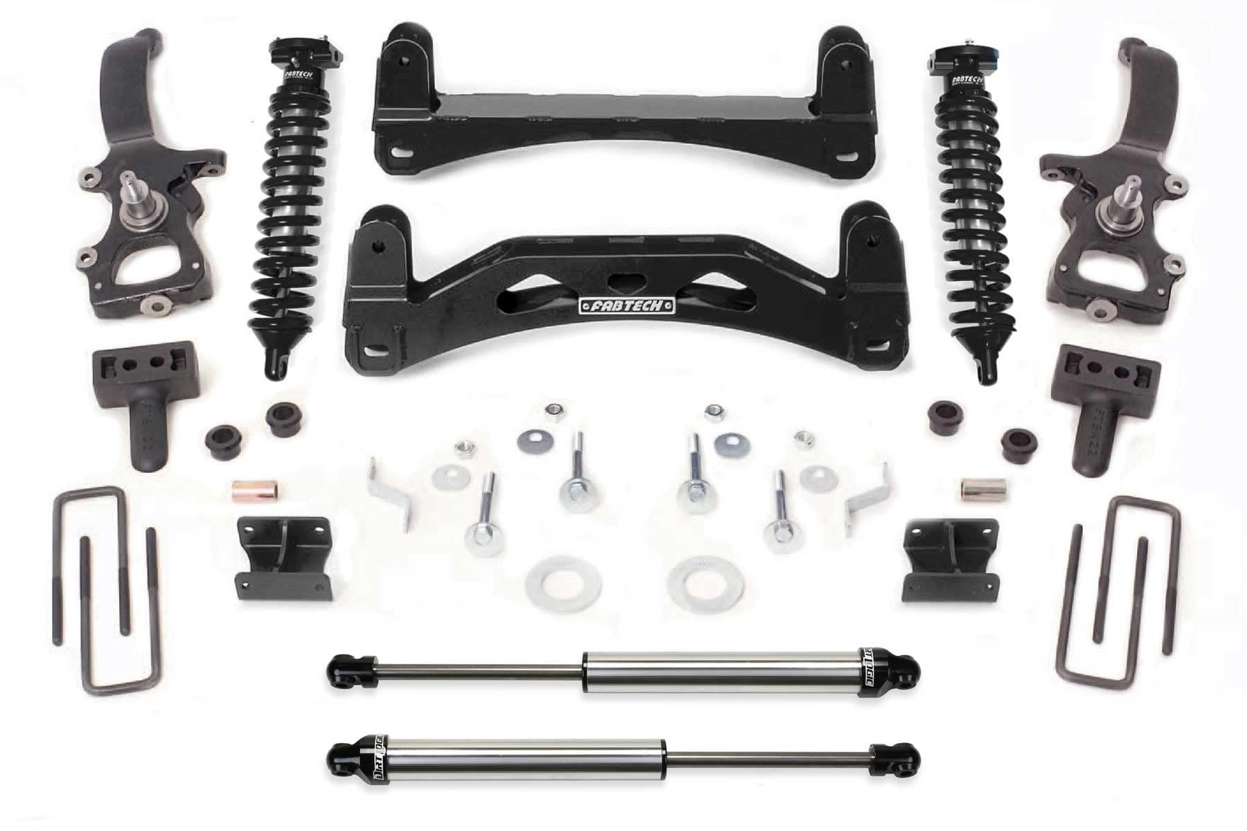 Fabtech Performance K2001DL Crossmember System w/DLSS Shocks 6 in. Lift Front Coilovers Crossmembers Spindles Bump Stops U-Bolts Rear Shocks All Required Hardware Crossmember System