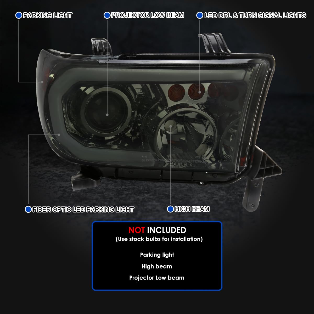 Smoke Projector Headlights w/LED Tube SPEC-D TUNING Compatible with 2007-2013 Toyota Tundra, Left + Right Pair Headlamp Assembly
