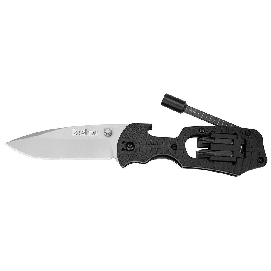 Select Fire Kershaw (1920); Multifunction Pocketknife with 3.4-Inch 8Cr13MoV Stainless Steel Blade, Black Glass-Filled Nylon Handle, 1/4-Inch Hex Drive, 2 Flathead Bits and 2 Crosshead Bits; 5 oz.