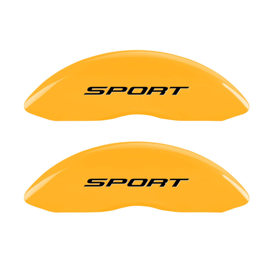 Caliper Covers MGP 10241SSP2YL Yellow (Set of 4, Engraved Front and Rear: No Bolts/Sport 2015, Yellow powder coat finish, black characters)