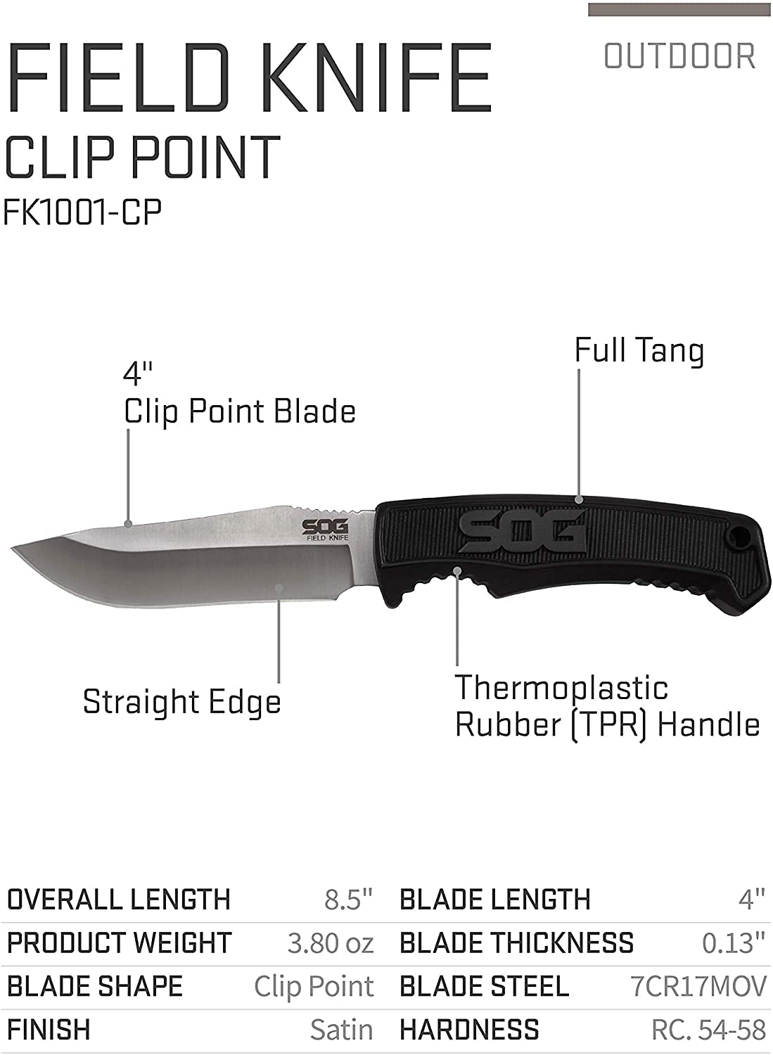 Survival Knife SOG with Sheath - Field Knife Fixed Blade Knives 4 Inch Tactical Knife and Bushcraft Knife w/Full Tang Hunting Knife Blade (FK1001-CP)