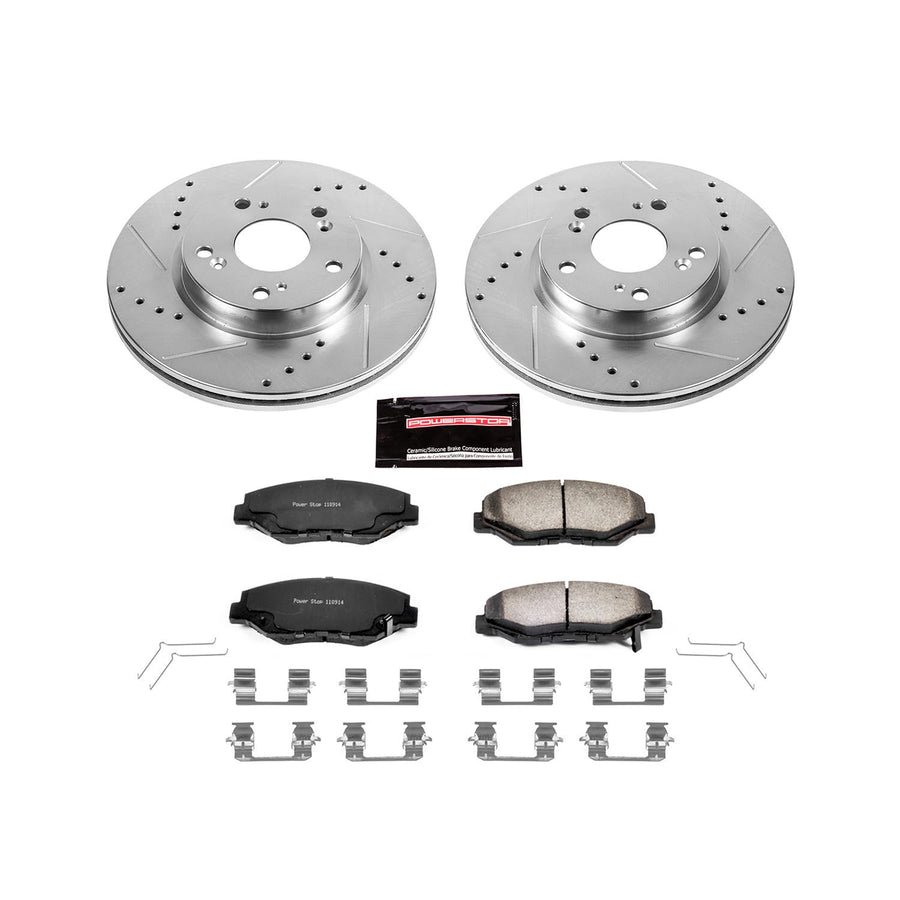 Power Stop Front Brake Kit For Honda Accord 2013 2014 2015 2016 2017 2013 Acura ILX 2013 2014 Honda Fit - Truck & Tow Carbon Fiber Ceramic Brake Pads & Drilled and Slotted Rotors Replacement, K6490-36