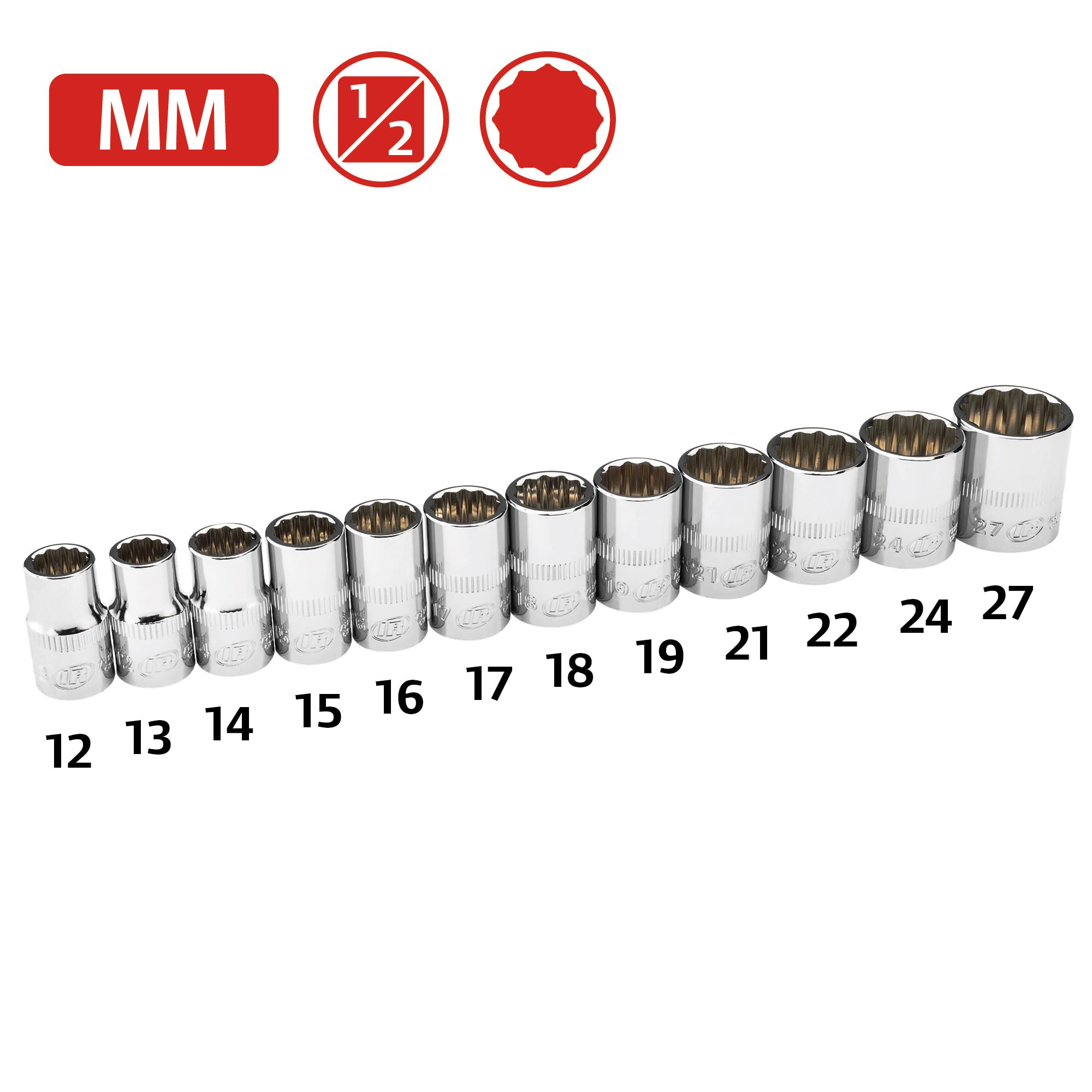 Ingersoll Rand 1/2" Drive Metric Shallow Socket Set, 12-Point, Chrome Vanadium Steel, 12–27mm with Storage Case – 752051 12 Pc.