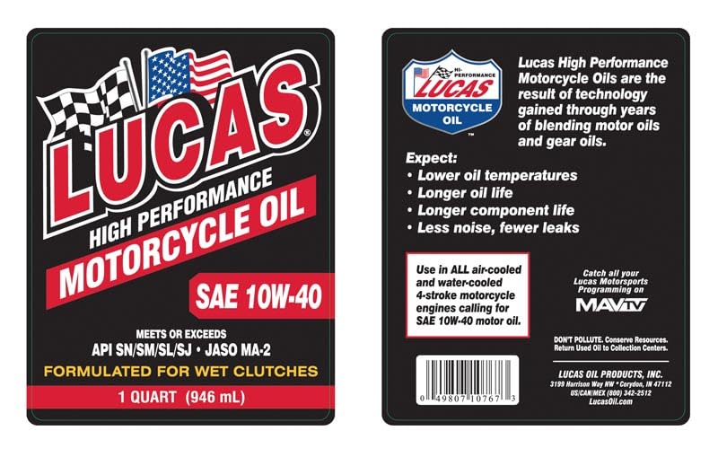 High Performance Lucas Oil SAE 10W-40 Motorcycle Oil - 1 Quart
