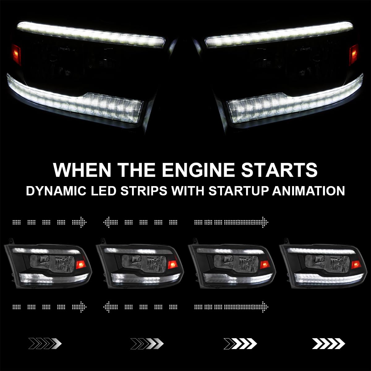 Switchback SPEC-D TUNING Black Sequential LED Signal Strip Headlights w/Startup Animation Compatible with 2009-2018 Dodge Ram 1500, 2010-2018 Ram 2500 3500, Left + Right Pair Headlamps Assembly