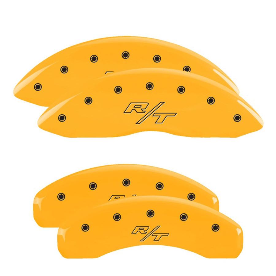 Brake Caliper Covers MGP for 2011-2025 Dodge Durango (Requires 17" Wheels or Larger) Yellow Powder-Coated Finish, Engraved Black R/T Vintage Logo, Aluminum Front and Rear Caliper Covers (Set of 4)