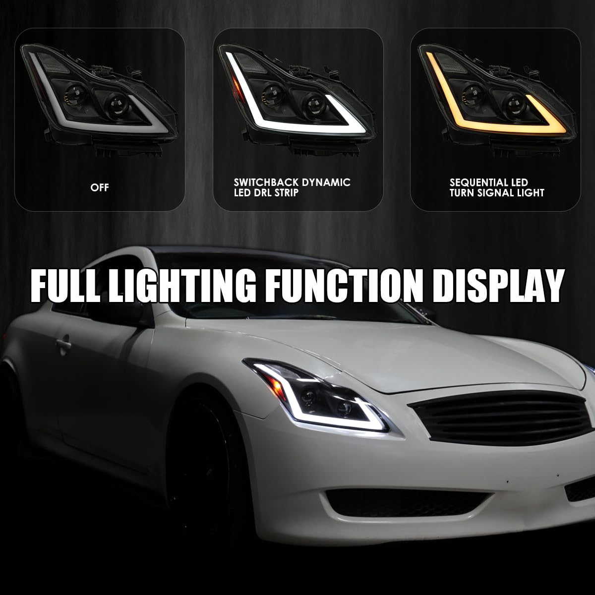 Black Smoke SPEC-D TUNING Projector Headlights w/LED Sequential Turn Signal and Startup Animation Compatible with 2008-2015 Infiniti G37, Q60 2DR Coupe, Left + Right Pair Headlamp Assembly