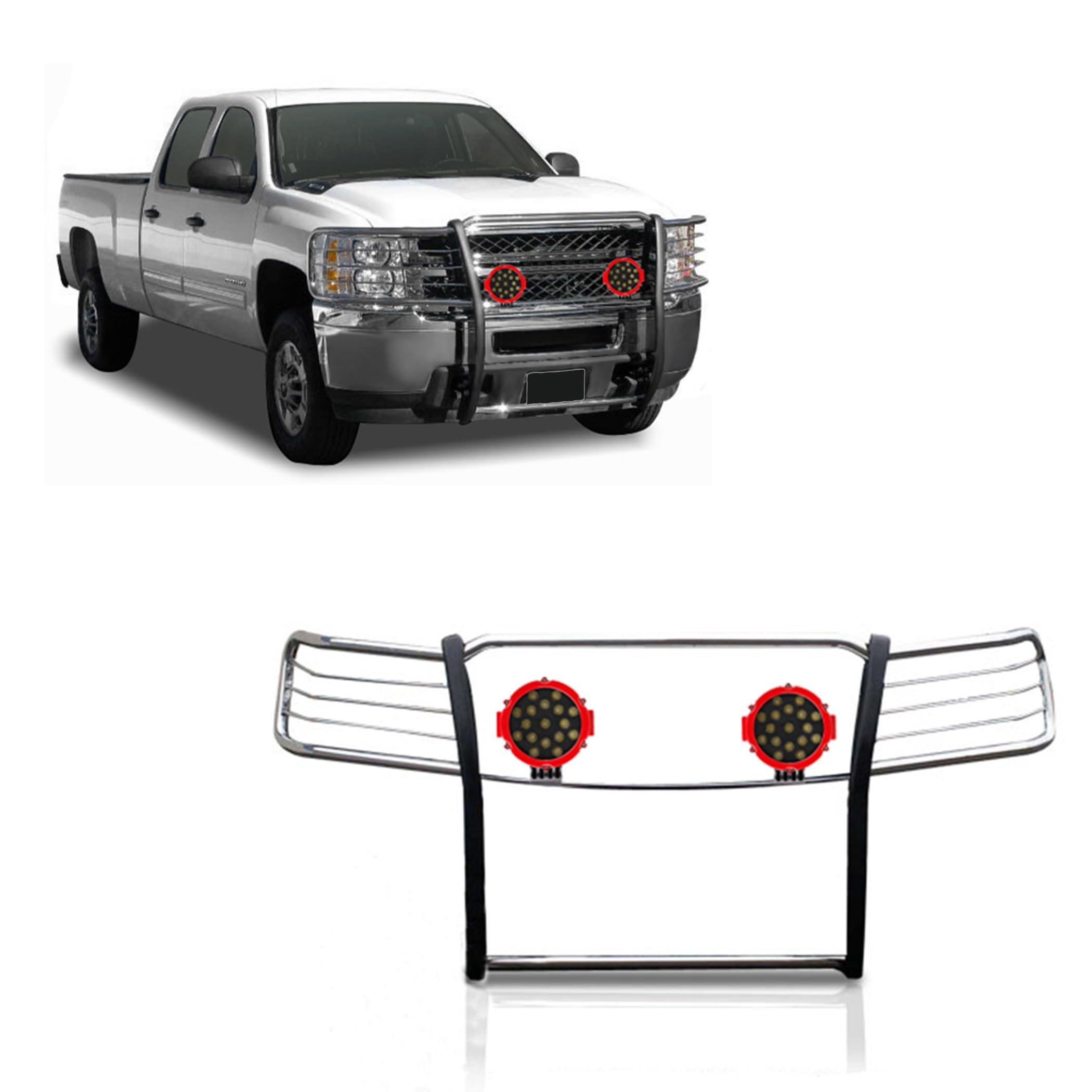 Grille Brush Black Horse Bumper Guard Modular Stainless Steel Come with Pair of 7.0" Dia.LED Lights with Red Trim Rings Compatible with 2007-2013 Chevrolet Silverado 1500-17A035700A2MSS-PLR