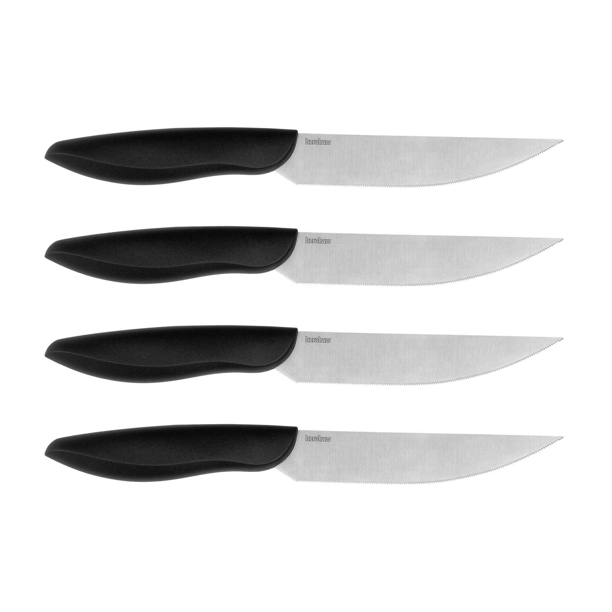 4-Piece Kershaw Serrated Steak Knife Set - 5" Blades of German Stainless Steel with 16° Single-Bevel Edge, Satin Finish, Black Polypropylene Ergonomic Handles