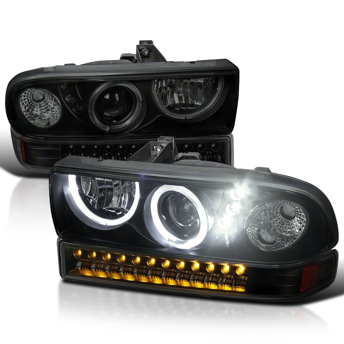 Smoke LED Halo Projector Headlights + LED Bumper Lights SPEC-D TUNING Compatible with 1998-2004 Chevy S10 Pickup, 1998-2004 Chevy Blazer, Left + Right Pair Headlamps Assembly