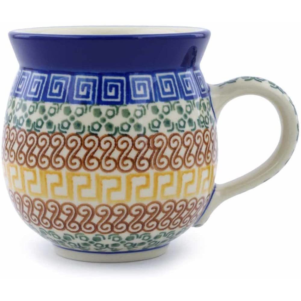 Polmedia Polish Pottery 12 oz Bubble Mug - Grecian Sea Pattern Handmade in Boleslawiec Poland by Ceramika Artystyczna + Certificate of Authenticity