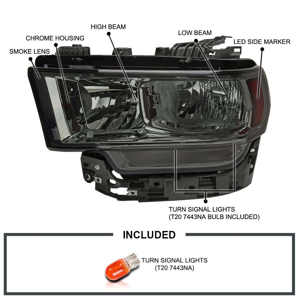 Smoke Headlights SPEC-D TUNING Compatible with 2019-2024 Ram 2500, 3500, Left + Right Pair Headlamp Assembly