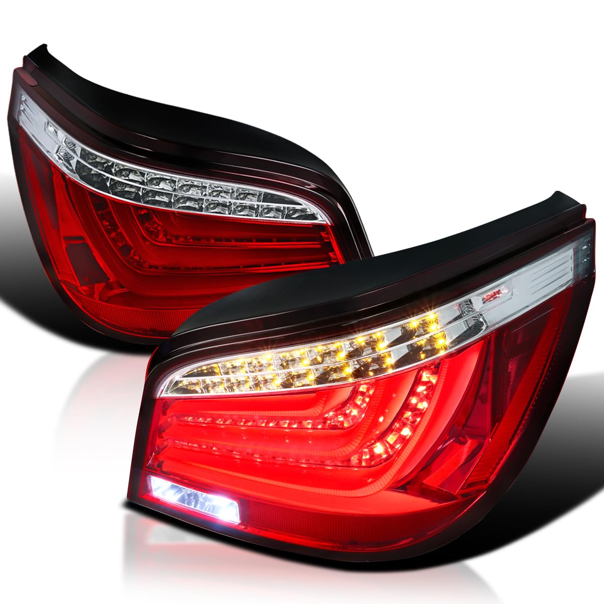 Spec-D Tuning LED Bar Tail Lights Red Lens Compatible with 2008-2010 BMW E60 5-Series 4 Door Left + Right Pair Assembly