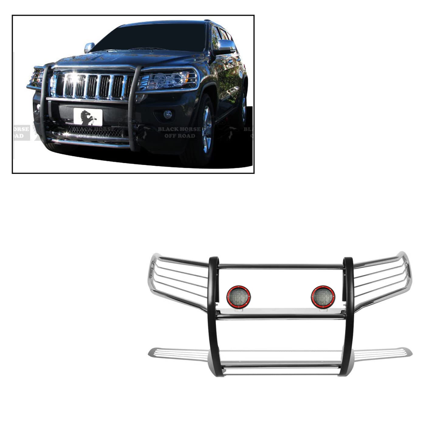 Grille Brush Black Horse Bumper Guard Modular Stainless Steel Come with Pair of 5.3" Dia.LED Lights with Red Trim Rings Compatible with 2011-2021 Jeep Grand Cherokee-17A080202MSS-PLFR